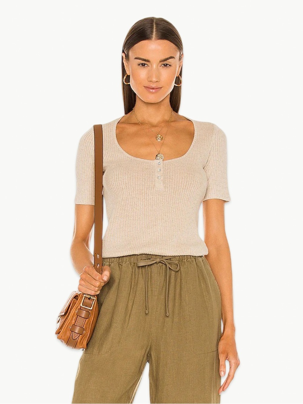 Vince Scoop Neck Henley Tee Size Medium Oatmeal Ribbed Linen Blend Elbow Sleeve